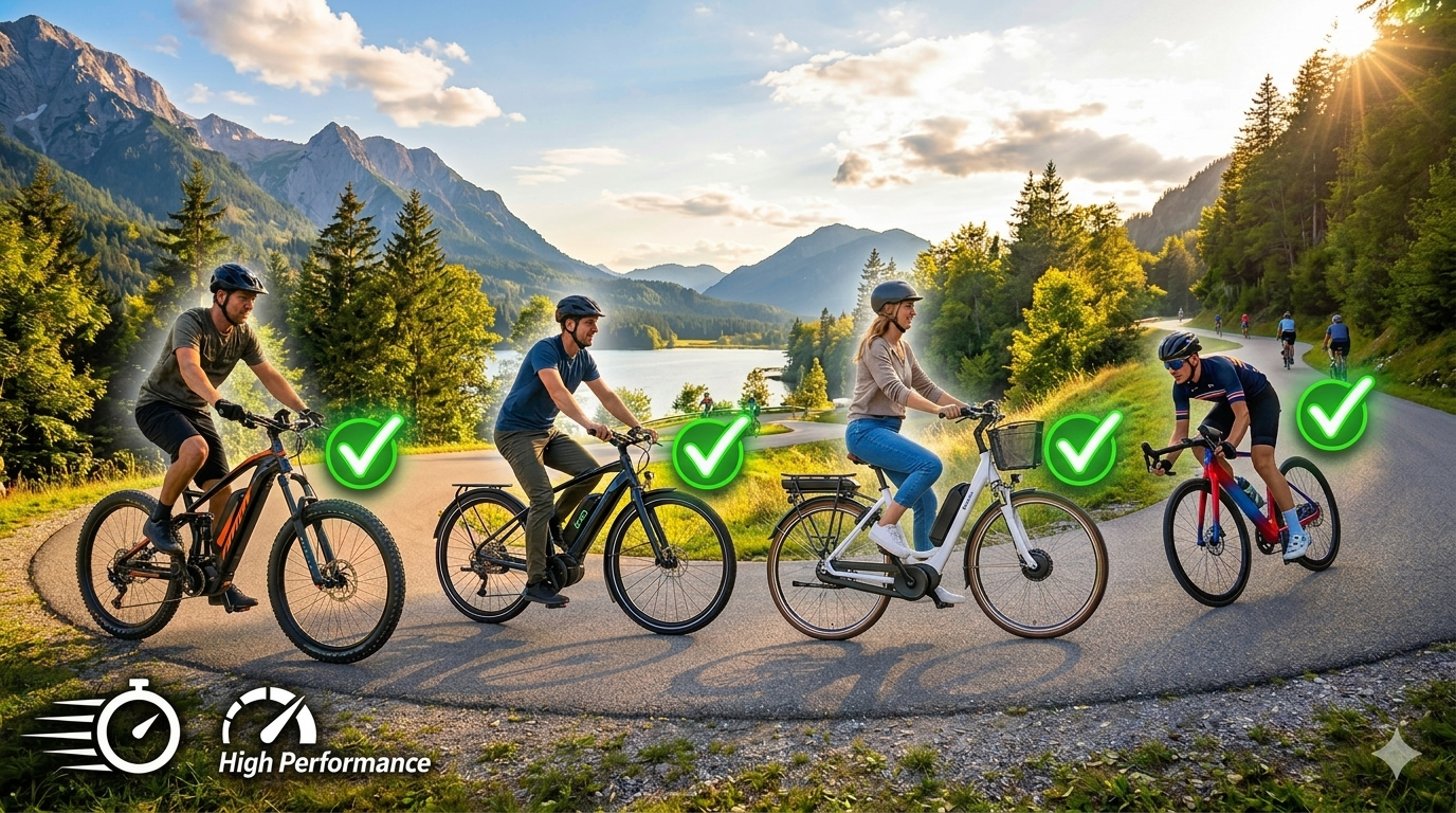 Quatro ciclistas em estrada sinuosa de montanha com checkmarks verdes, exibindo modelos das melhores bicicletas elétricas para diferentes usos.