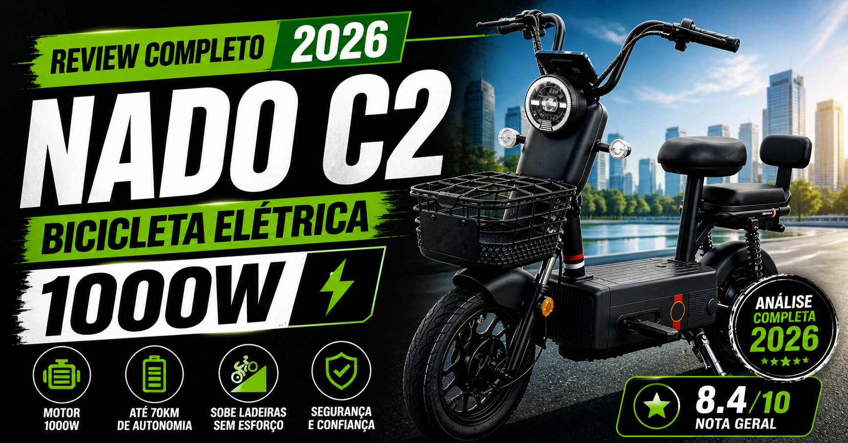 Bicicleta elétrica Nado C2 1000W preta com design robusto, pneus largos e bateria integrada, ideal para trilhas e uso urbano.